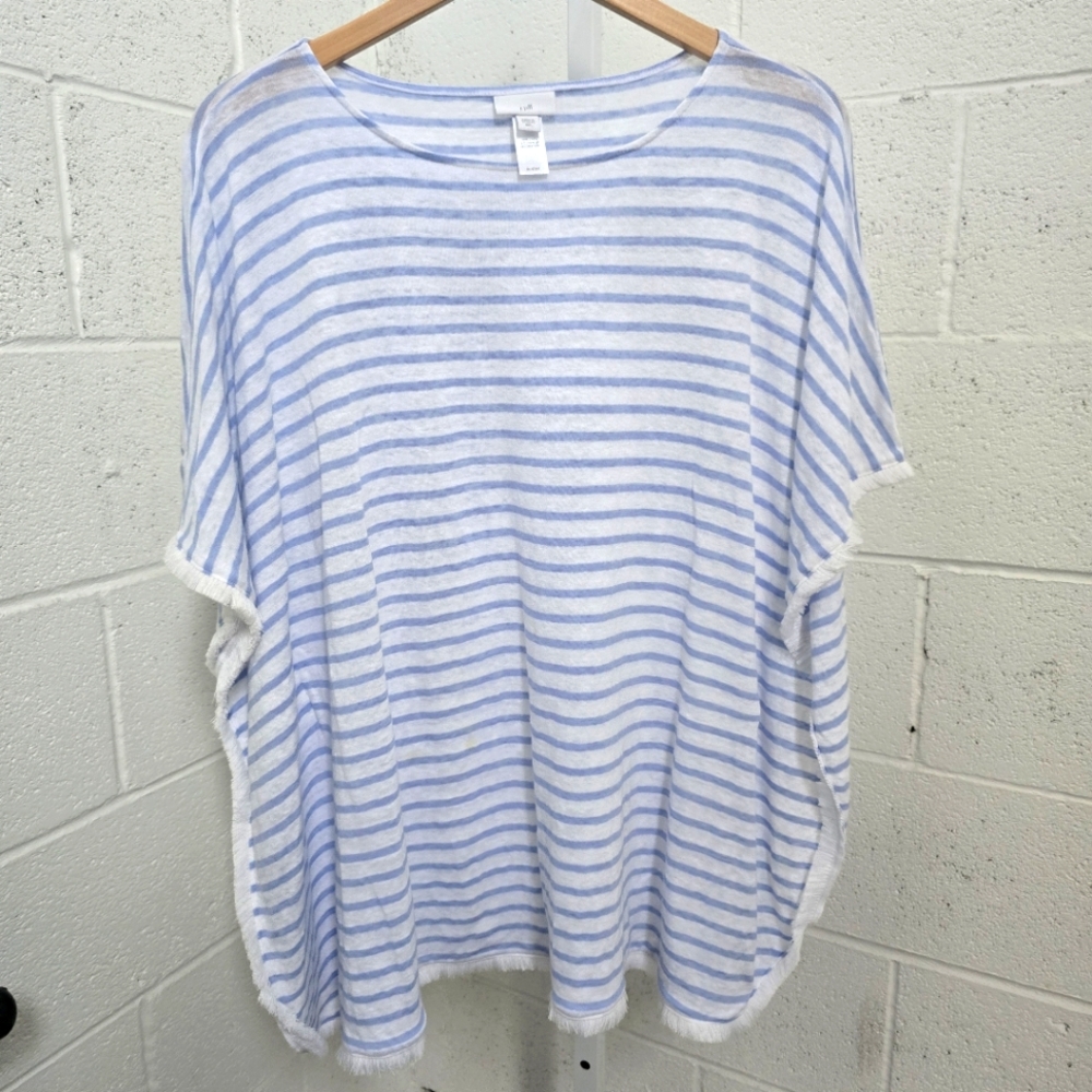 J. JILL Women's Linen Tunic Beach Cover Up M/L Blue & White Fringe Swim Boho